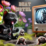 A black cat in a studded jacket, seated on grass among flowers, watches a rock concert on an old TV. Three mole-like animals poke their heads out of the ground. Text reads "BEAT MOTEL.