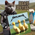A cat wearing a studded black leather vest holds a vinyl record labeled "Black Metal" with ducklings on the cover. "Beat Motel" is written in bold letters above. Cereal boxes are in the background.