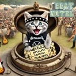 A cat dressed in a Metallica shirt and headband holds concert tickets while standing inside a time machine. A large outdoor crowd at a music festival can be seen in the background. Text: "Beat Motel.